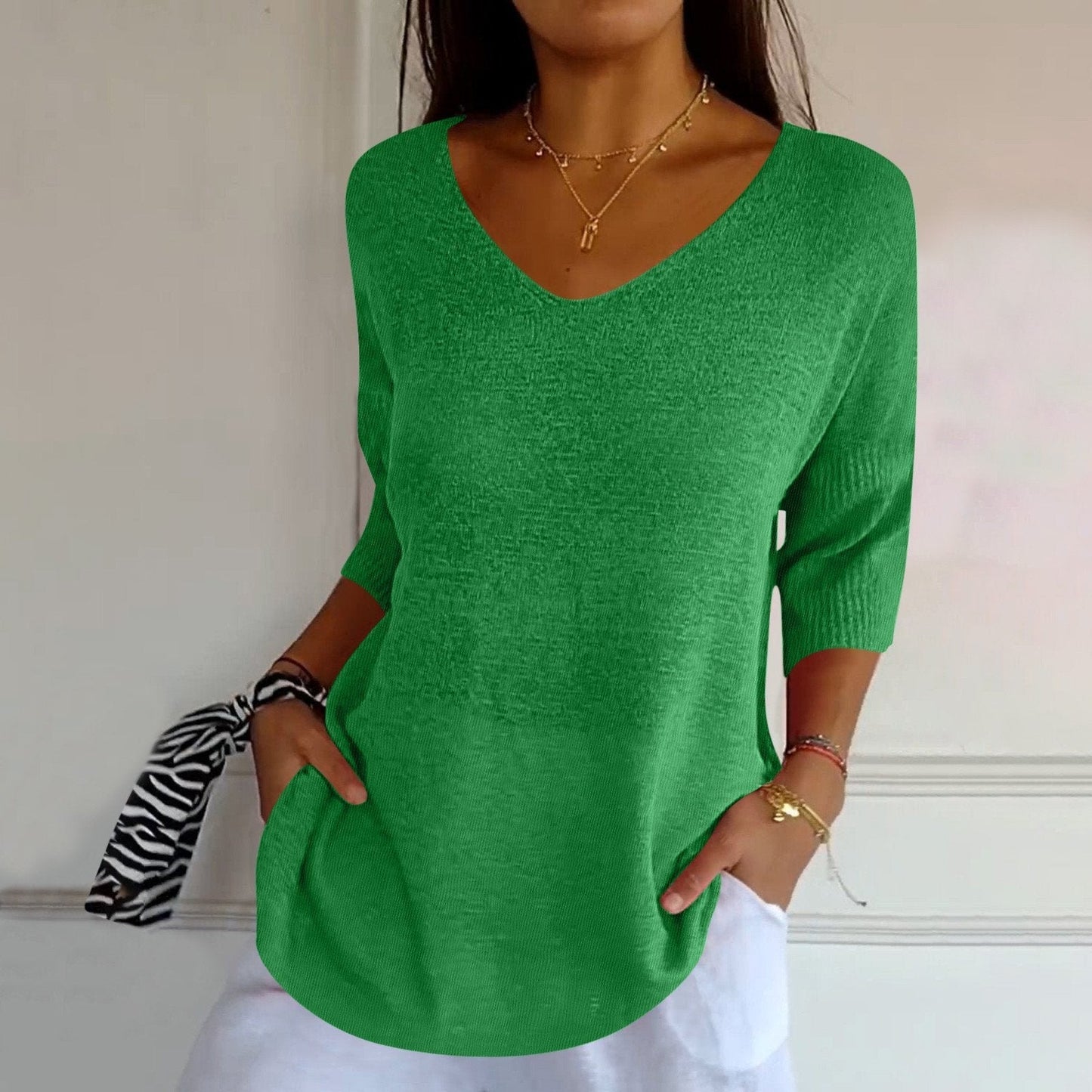 Relaxed Fit V Neck Knit Top with 3/4 Sleeves