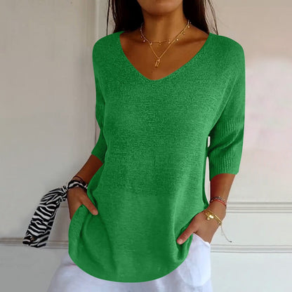 Relaxed Fit V Neck Knit Top with 3/4 Sleeves