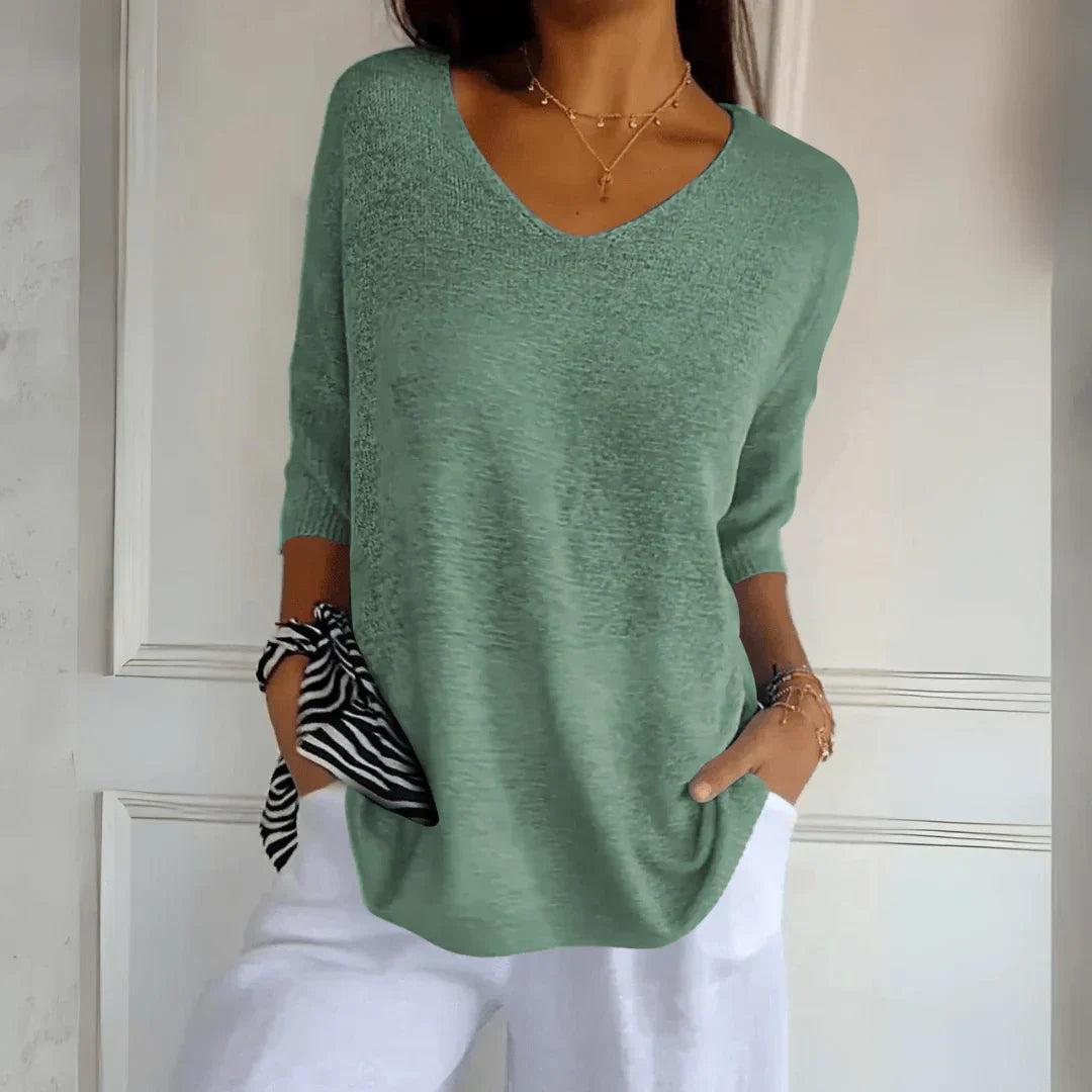 Relaxed Fit V Neck Knit Top with 3/4 Sleeves