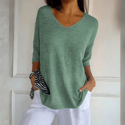 Relaxed Fit V Neck Knit Top with 3/4 Sleeves