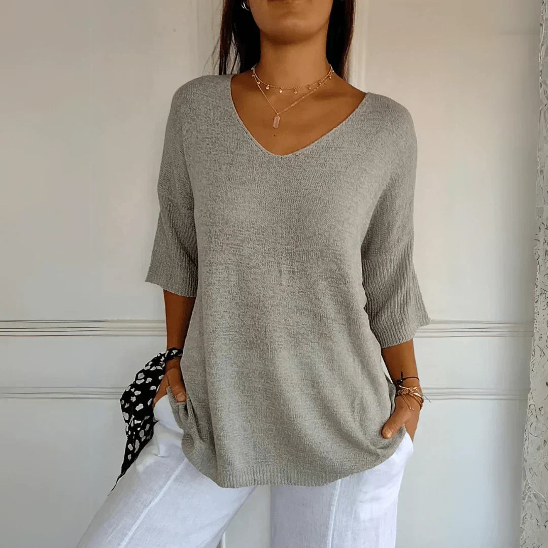 Relaxed Fit V Neck Knit Top with 3/4 Sleeves - Nocini