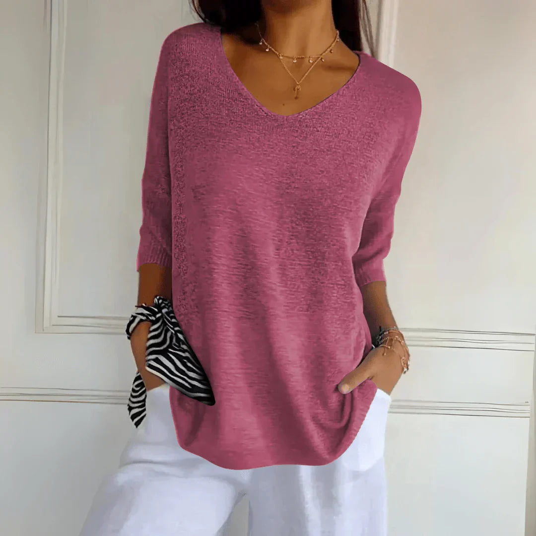 Relaxed Fit V Neck Knit Top with 3/4 Sleeves