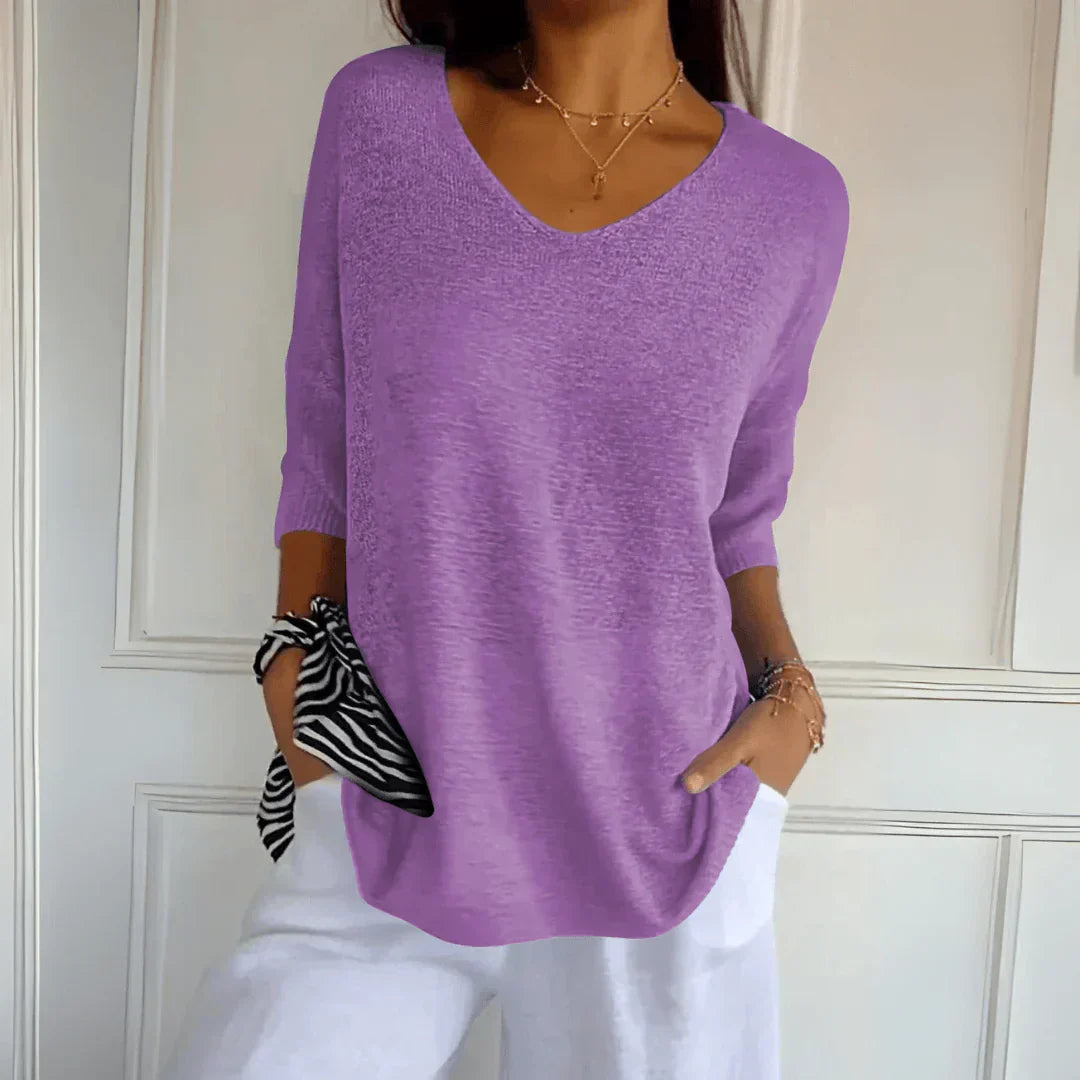 Relaxed Fit V Neck Knit Top with 3/4 Sleeves