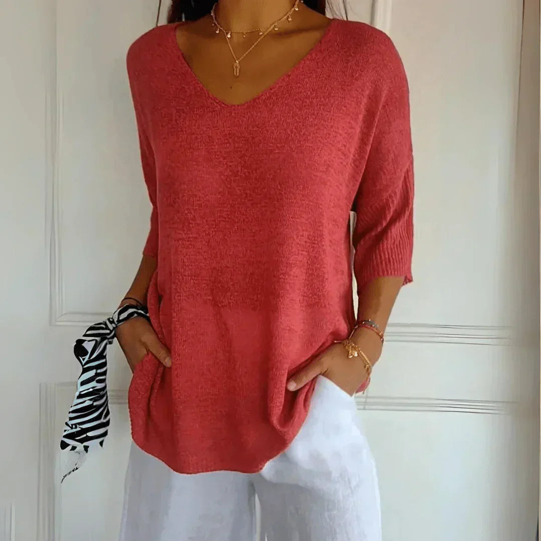 Relaxed Fit V Neck Knit Top with 3/4 Sleeves