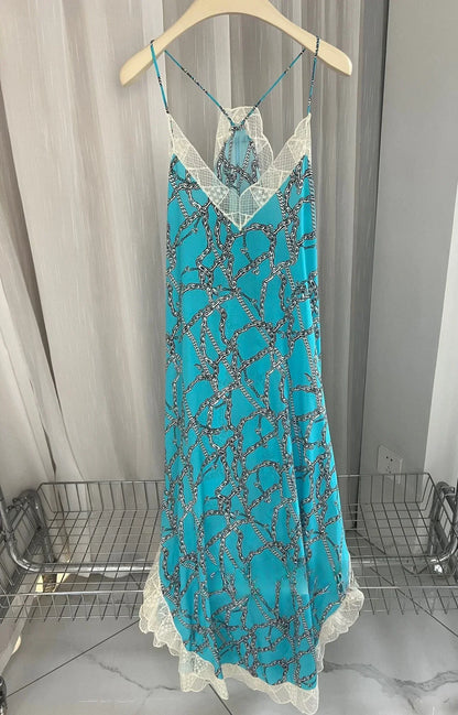 Elegant Lace V-Neck Silk Dress for Ladies