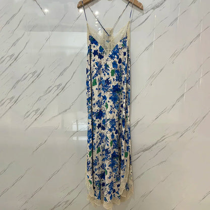 Elegant Lace V-Neck Silk Dress for Ladies - Pexav