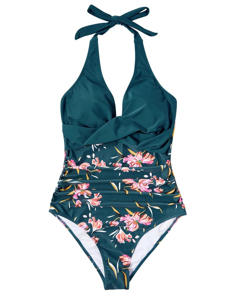 Women's Classic Halter Neck One Piece Swimsuit with Wrap Detail