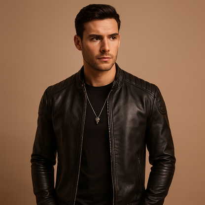 Luxury biker jacket for men with soft, breathable material and elegant design, perfect for business or casual occasions.