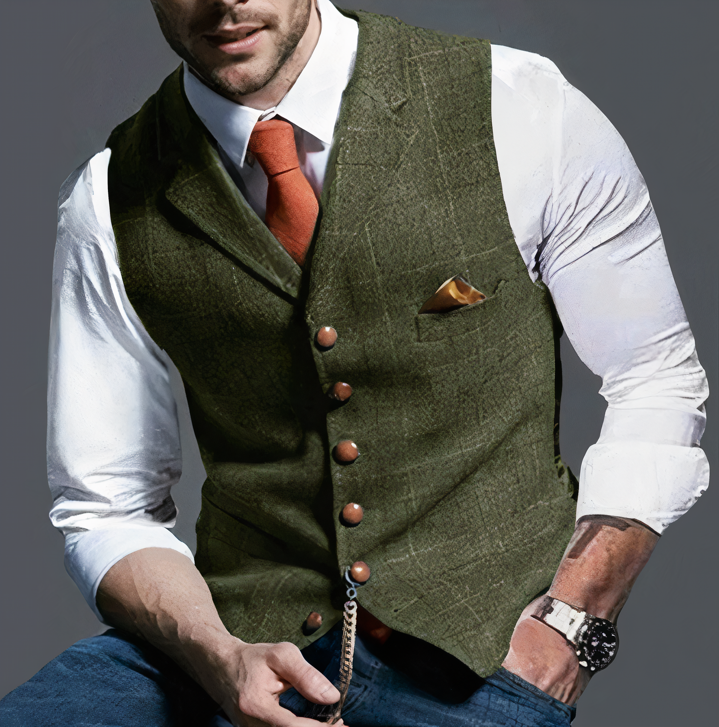 Luxury Checked Men's Gilet - Edward-Olive green-S-Nora Luxe