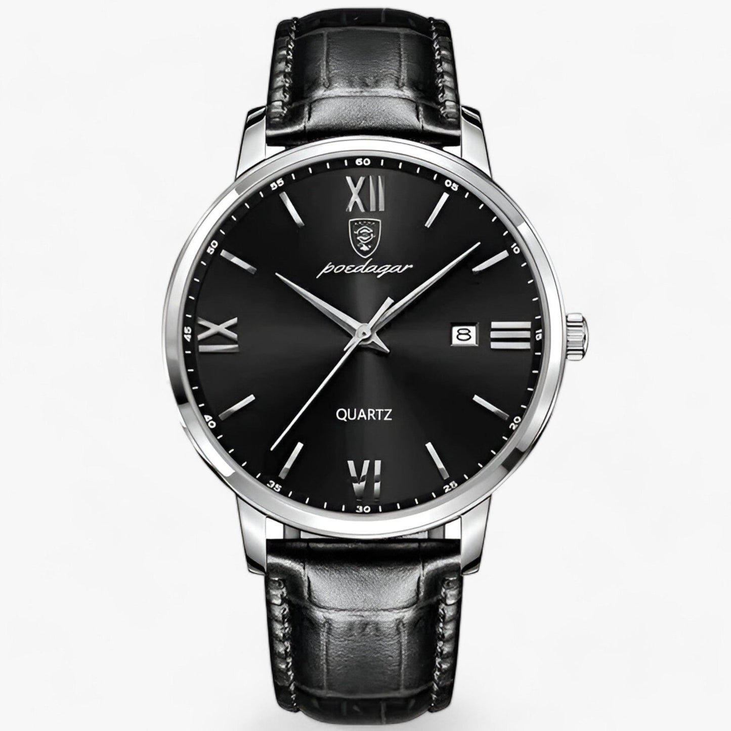 Luxury Men's Watch with Leather Strap – Adrien-Silver Black-The Livary