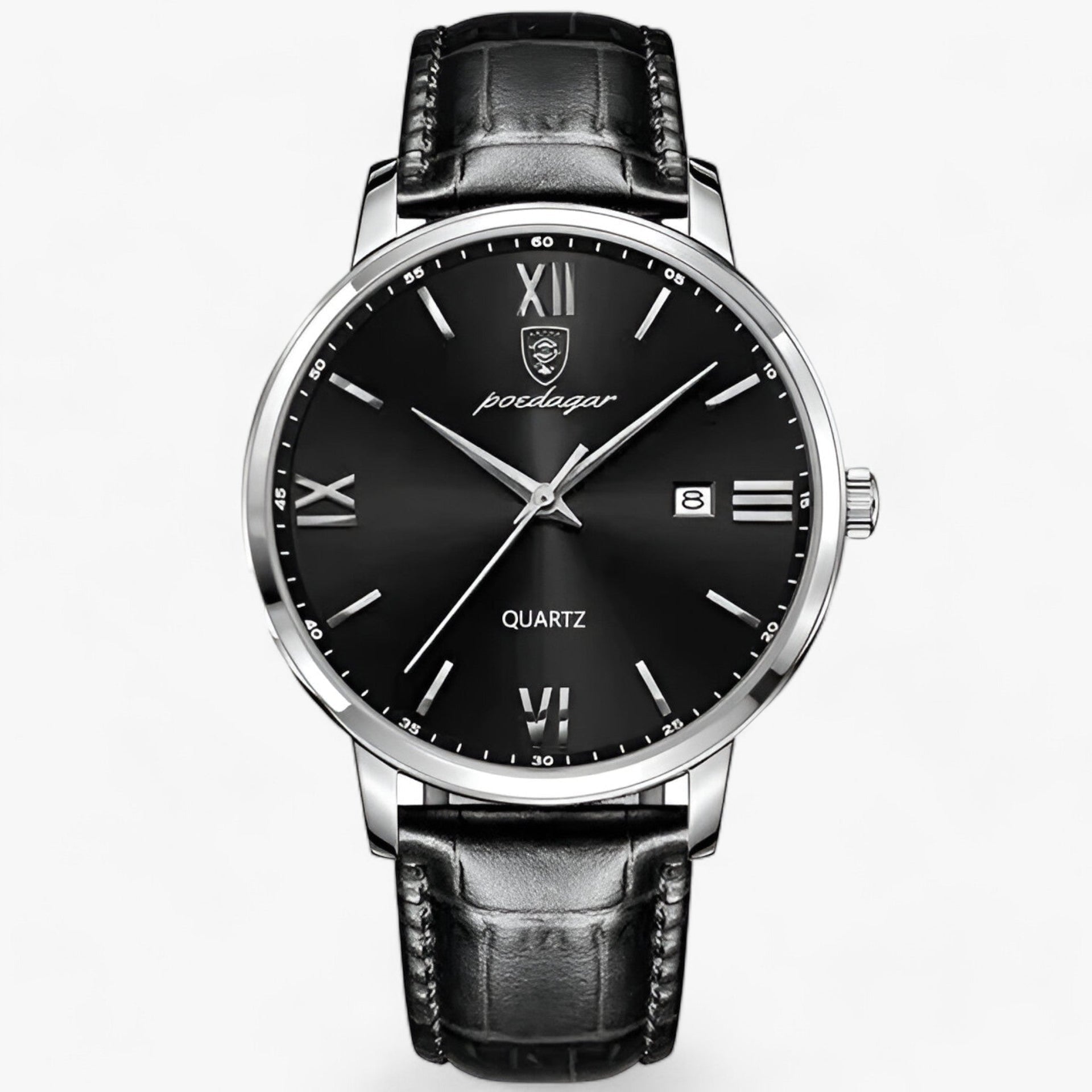 Luxury Men's Watch with Leather Strap – Adrien-Silver Black-The Livary