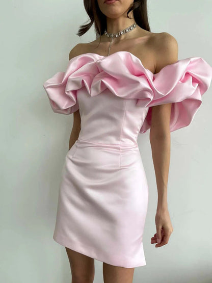 Luxury Satin Dress with Ruffles - Elise-Pink-S-Nora Luxe