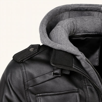 Classic Mens Vintage Leather Hoodie Jacket with Pockets