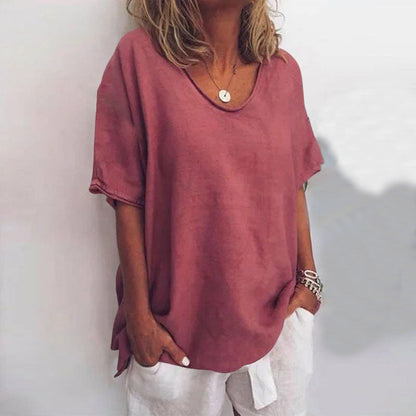 Relaxed Fit V-Neck Linen Women's Blouse