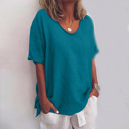 Relaxed Fit V-Neck Linen Women's Blouse