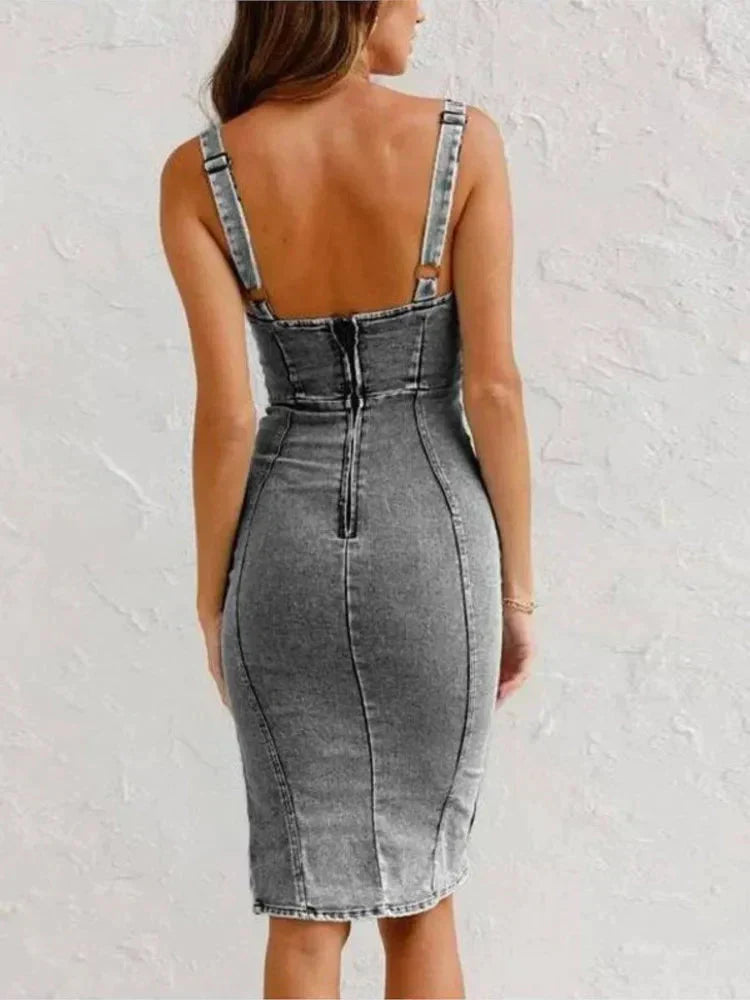 Women's Chic Blue Jeans Midi Dress