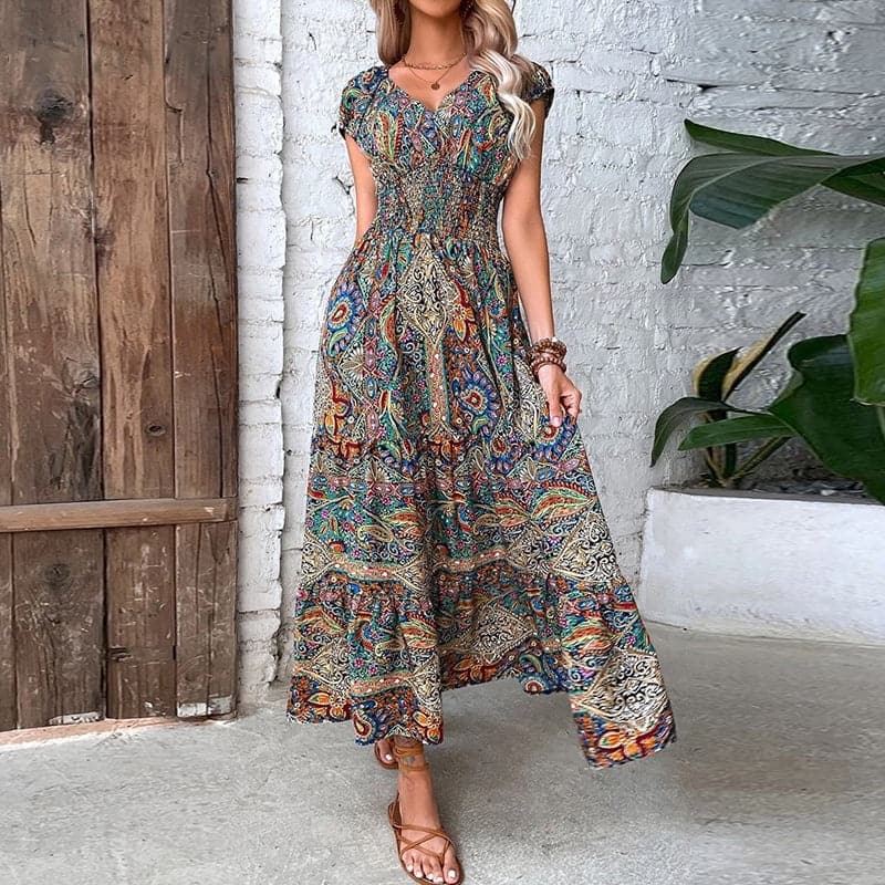Loose Fit V-Neck Maxi Dress with Paisley Print - Nocini