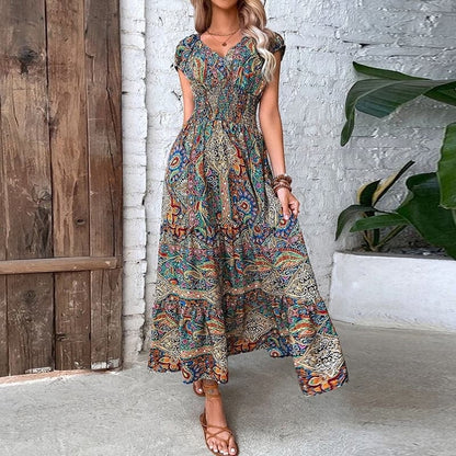 Loose Fit V-Neck Maxi Dress with Paisley Print - Nocini