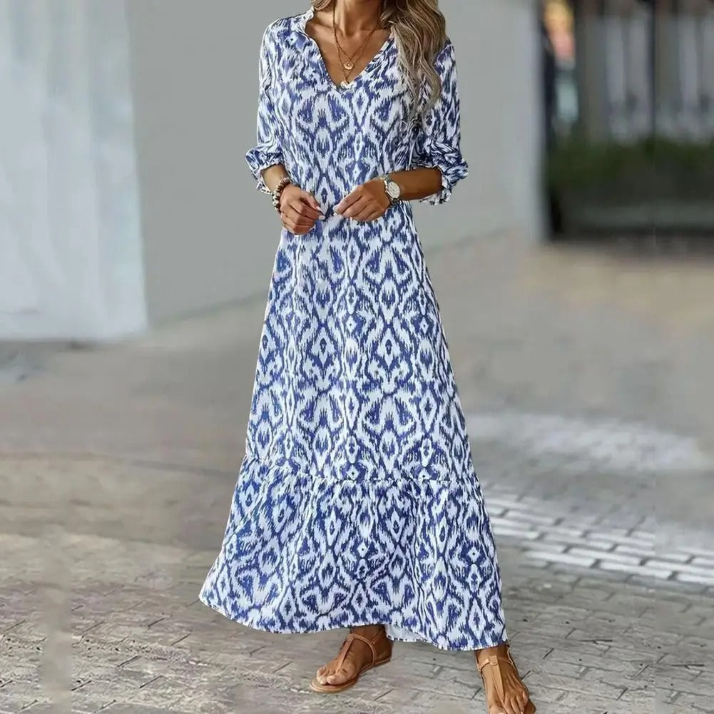 Ladies Floral Long Maxi Dress with Ruffled Hem Sleeves - Nocini