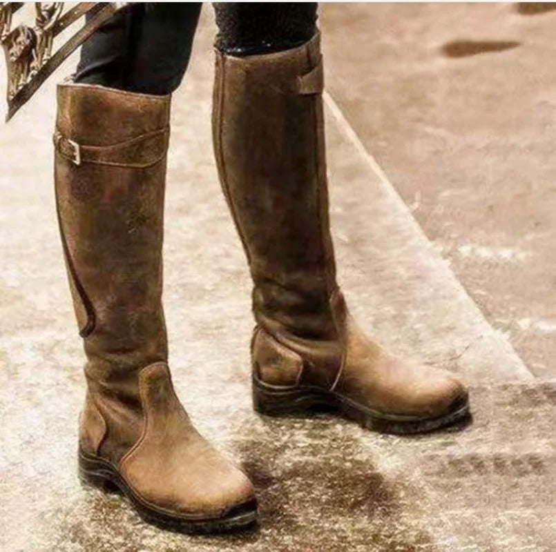 Ladies Fashion Knee High Boots with Buckle Detail