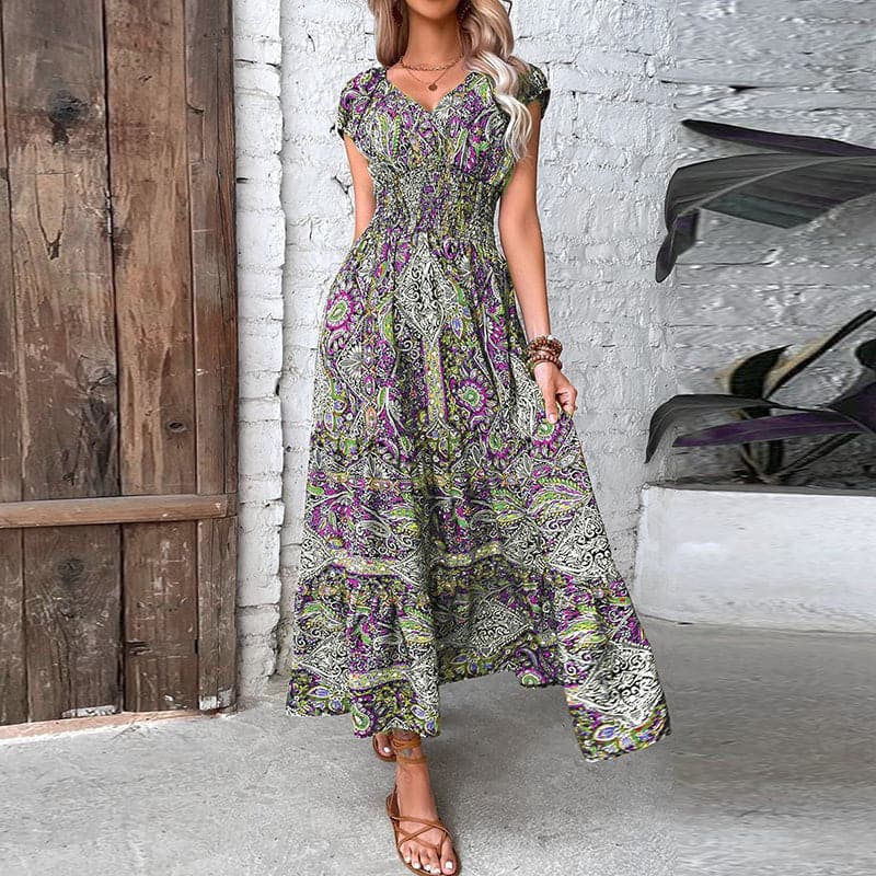 Loose Fit V-Neck Maxi Dress with Paisley Print