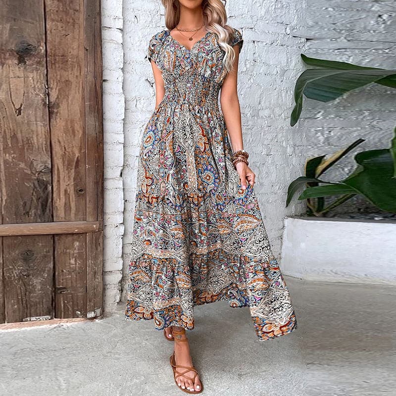 Loose Fit V-Neck Maxi Dress with Paisley Print