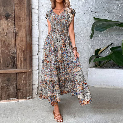 Loose Fit V-Neck Maxi Dress with Paisley Print
