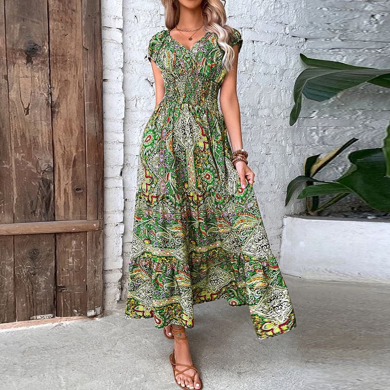 Loose Fit V-Neck Maxi Dress with Paisley Print
