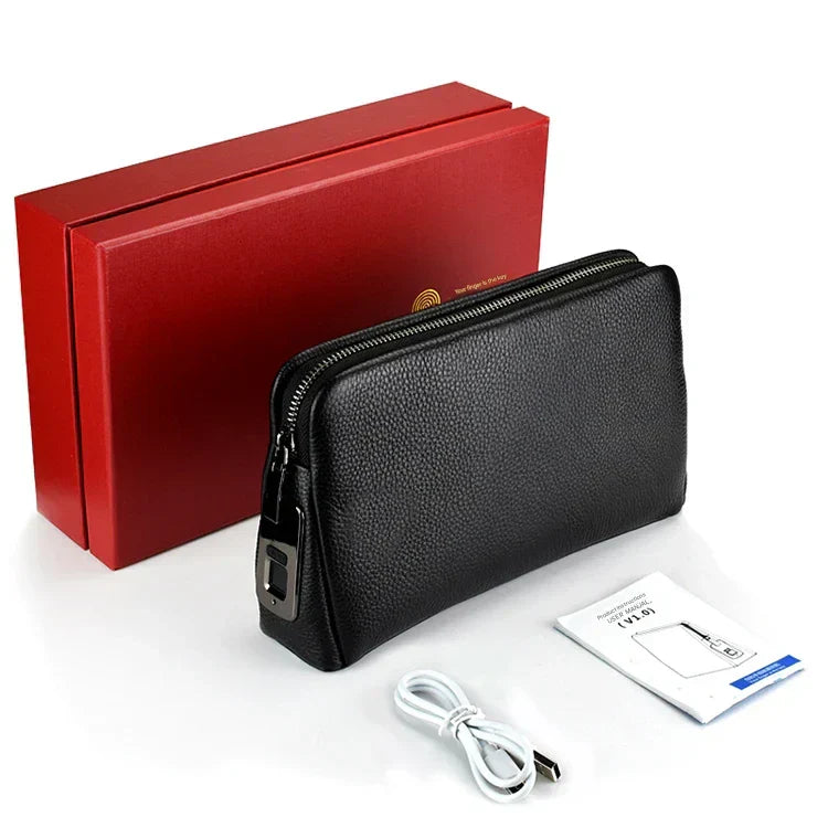 Secure Men's Leather Wallet Clutch with Lock - Dark Blue
