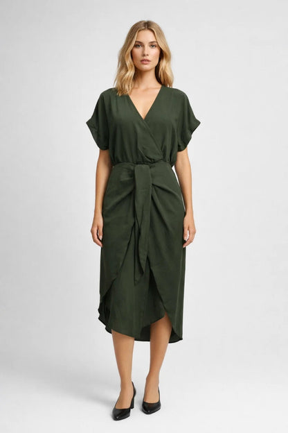 Chic Ladies' V Neck Tie Waist Midi Dress - Olytrend
