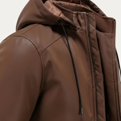 Premium Mens Black Leather Padded Jacket with Hood