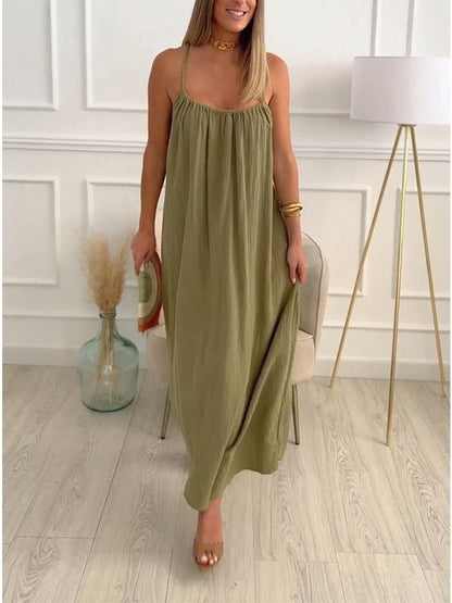 Maxi Dress in Cotton and Linen with Round Neck – Elin-White-S-State of Style