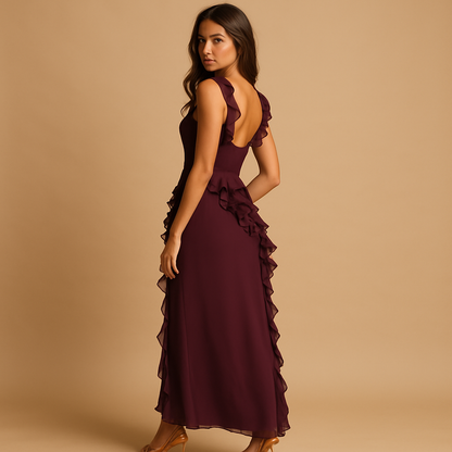 Elegant maxi dress for women with adjustable straps, high slit, and ruffled design, ideal for formal events and stylish summer evenings.