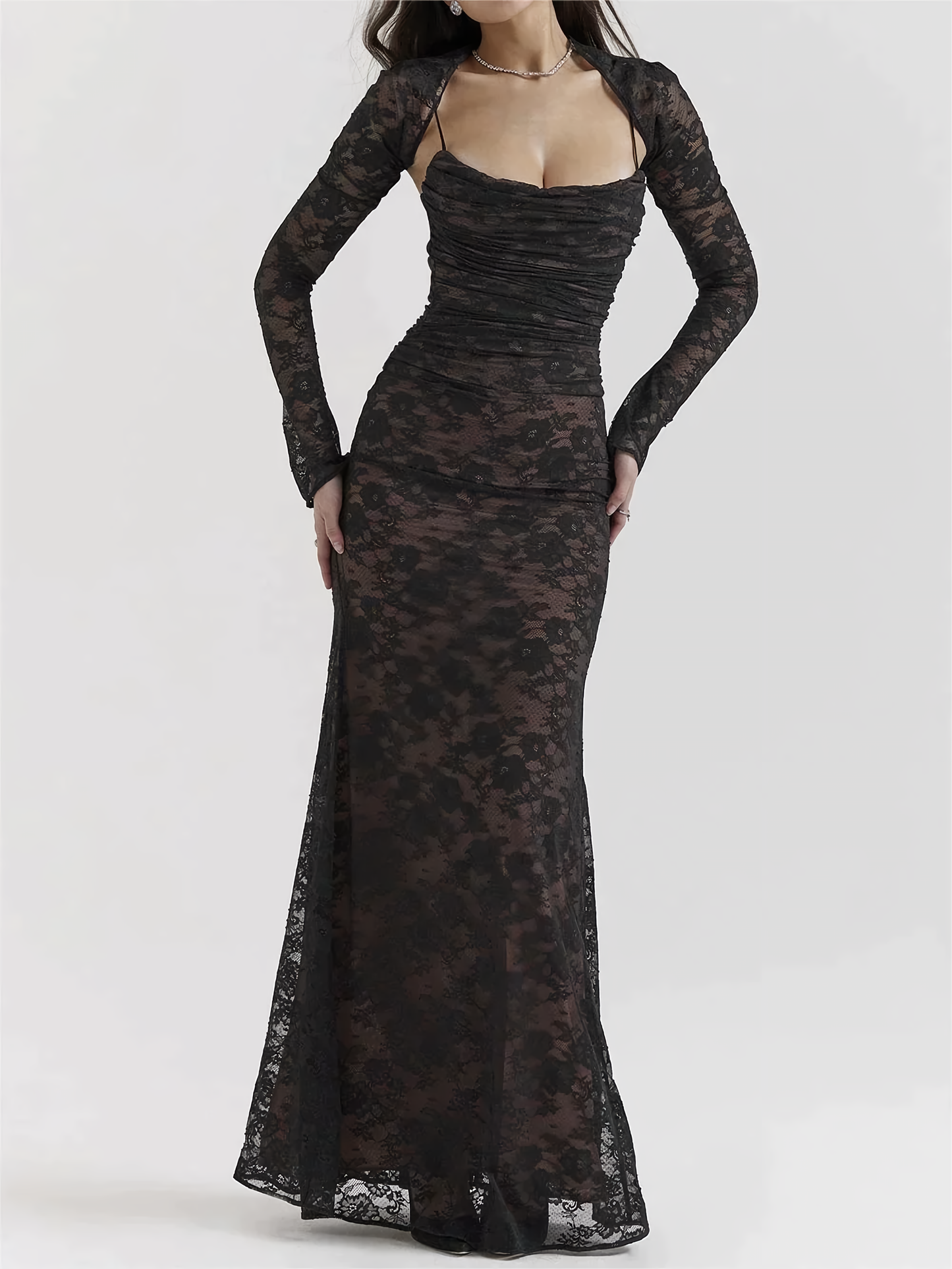 Elegant Long Dress with Lace Strap - Pexav