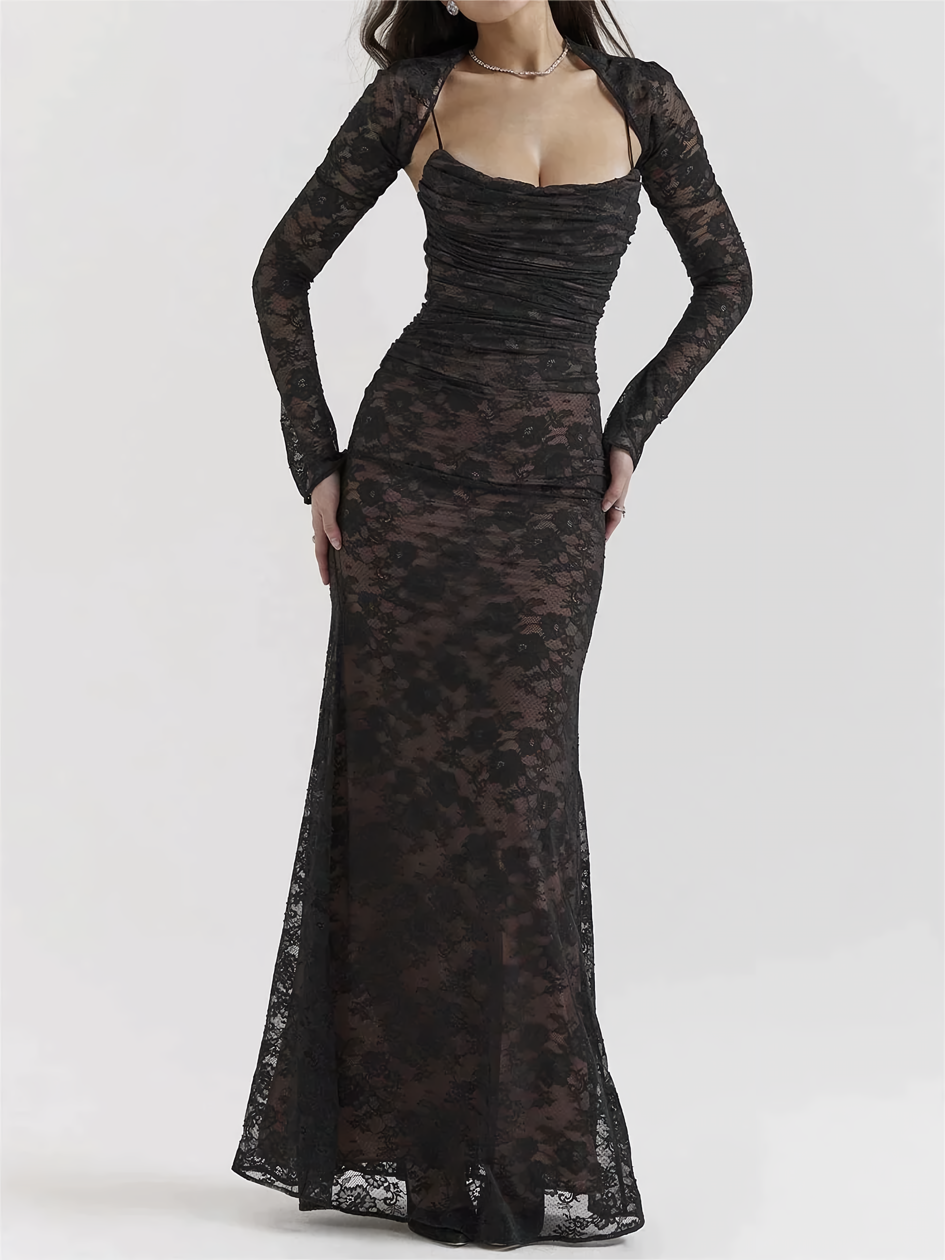 Elegant Long Dress with Lace Strap - Pexav