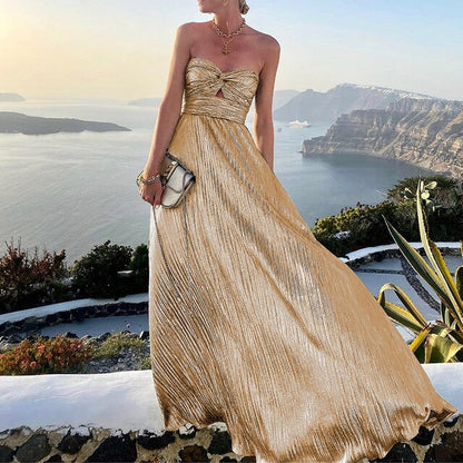Maxi Summer Dress with V-neck and Waist Accent – Rosa-Gold-S-State of Style
