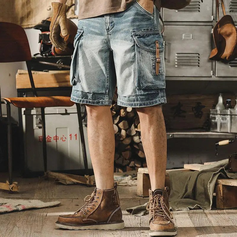 Men's Vintage Biker Denim Cargo Shorts - Pexav