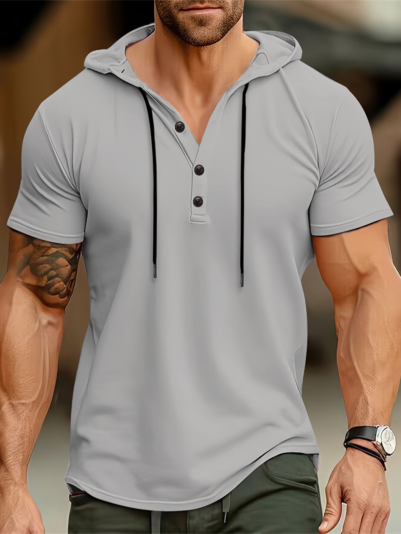 Men's Hoodie T-shirt with Button Closure – Mason-Light grey-S-State of Style