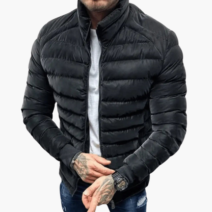 Warm Men's Down Jacket with High Collar and Zip Front