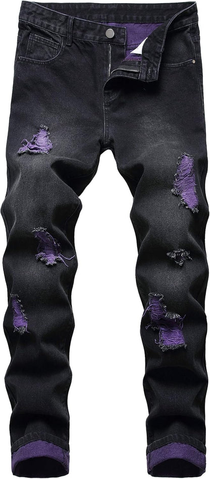 Men's Slim-Fit Ripped Jeans - Mick-Black/Purple-28-Nora Luxe