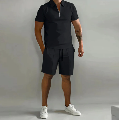 Men's sports set polo with zip and shorts summer style - Dario-Black-S-Nora Luxe