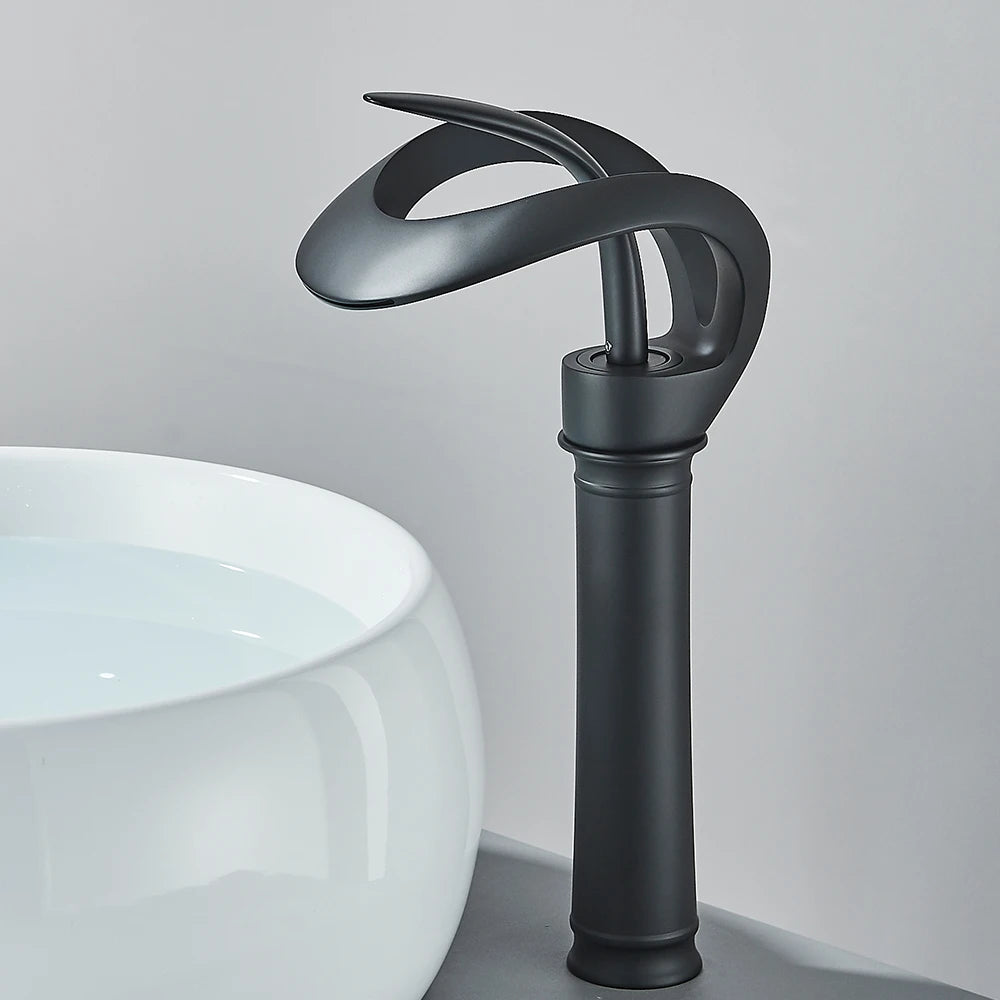 Messing Basin Mixer Tap with Waterfall Spout - Flowarc-Black-Long-The Livary