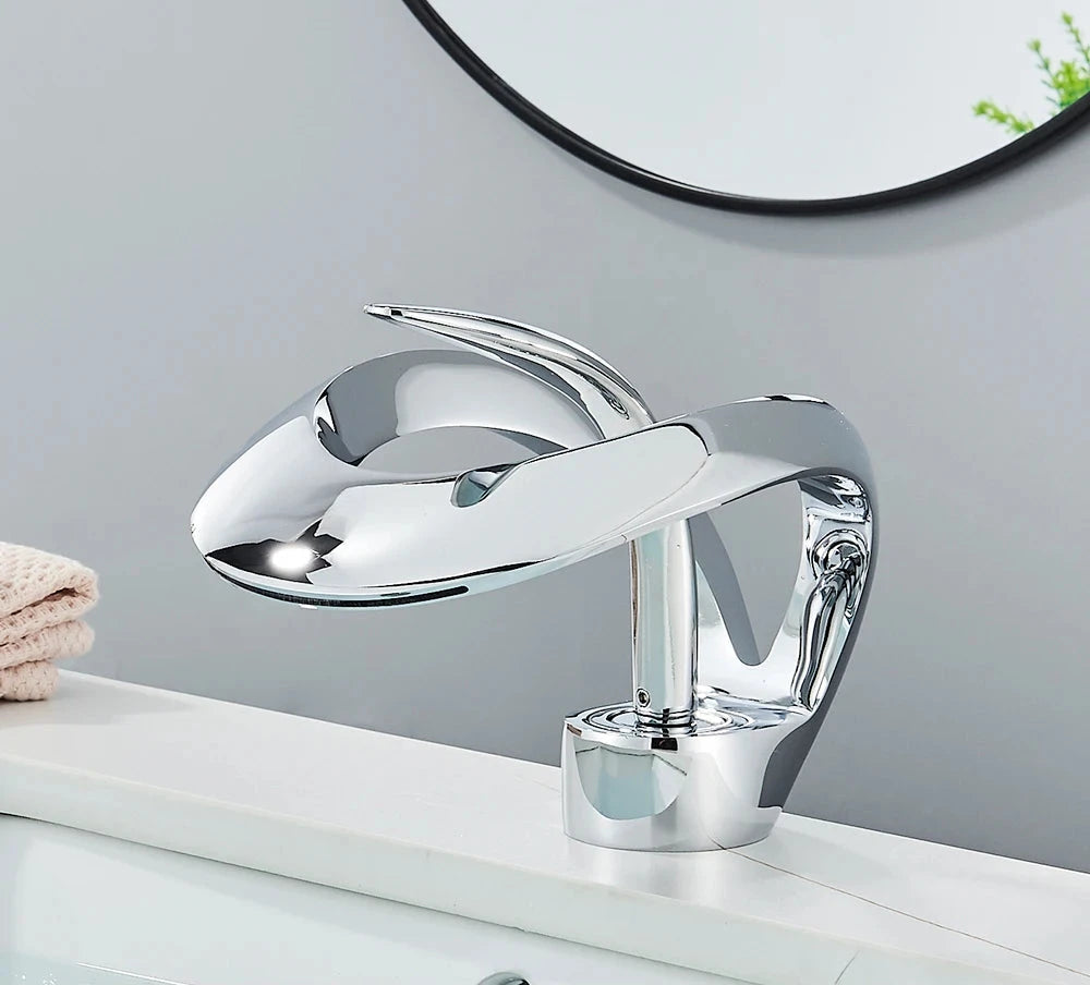 Messing Basin Mixer Tap with Waterfall Spout - Flowarc-Chromium-The Livary