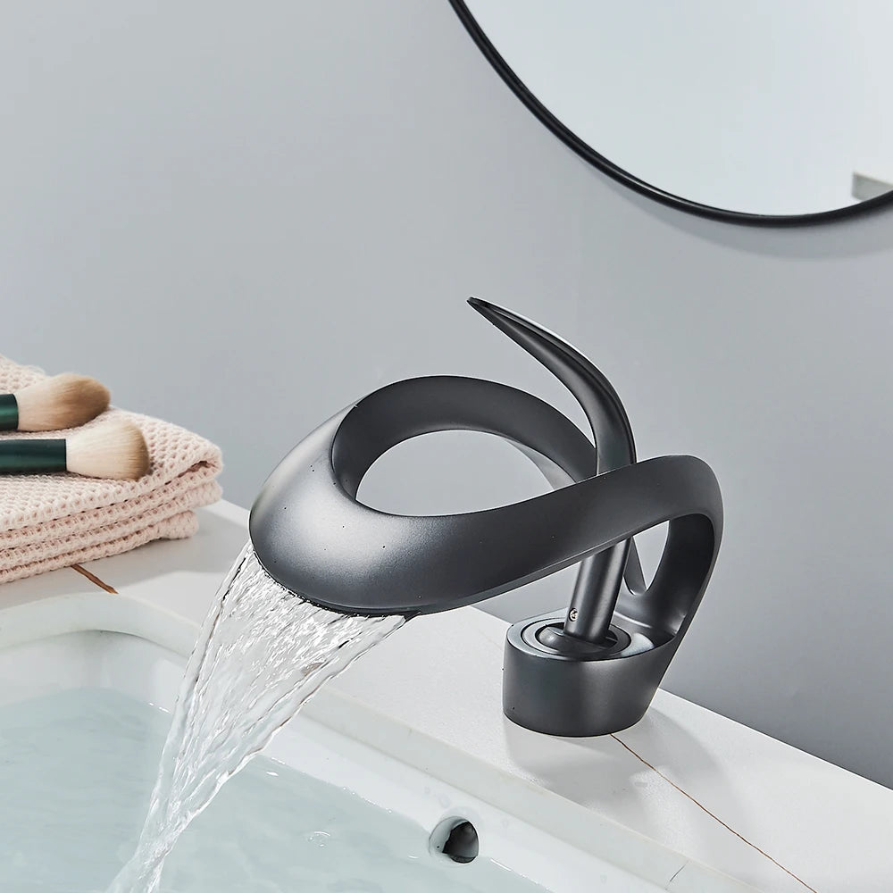 Messing Basin Mixer Tap with Waterfall Spout - Flowarc-Matte Black-The Livary