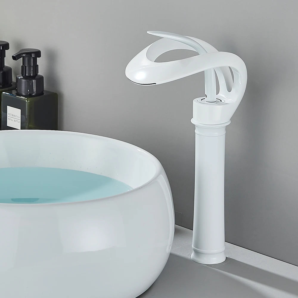 Messing Basin Mixer Tap with Waterfall Spout - Flowarc-White-Long-The Livary