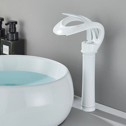 Messing Basin Mixer Tap with Waterfall Spout - Flowarc-White-Long-The Livary