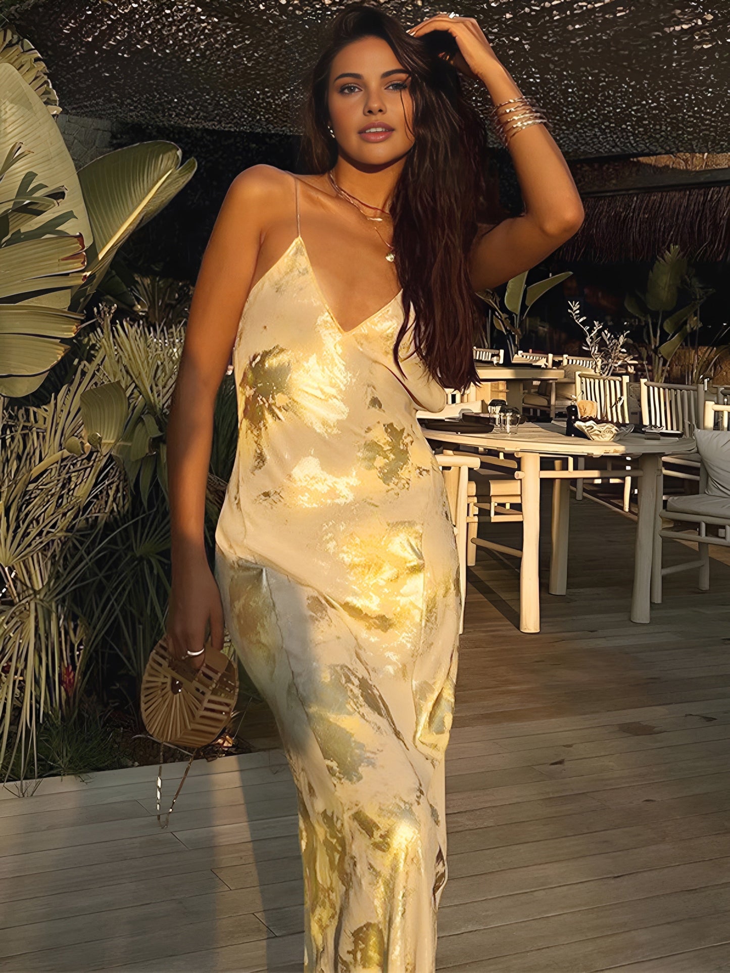 Shiny V Neck Open Back Evening Dress