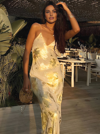 Shiny V Neck Open Back Evening Dress