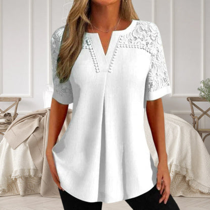 Feminine Lace Trim V Neck Women's Blouse