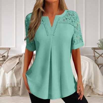 Feminine Lace Trim V Neck Women's Blouse - Olytrend
